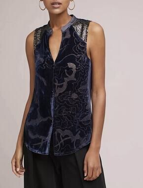 Anthropologie Tiny Velvet Sequin Ileana Navy Blue Burnout Small Shear Sleeveless